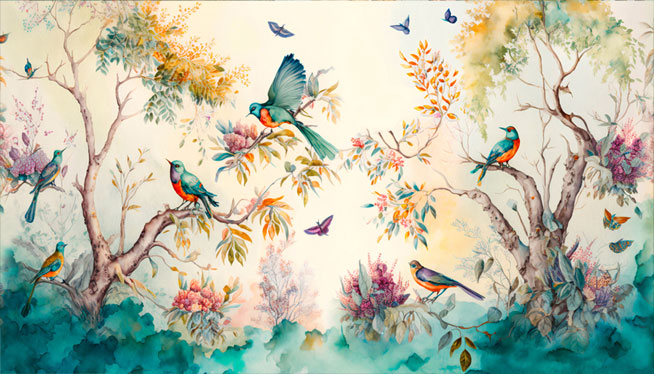 Fotomural vinilos acuarela aves flores bosque